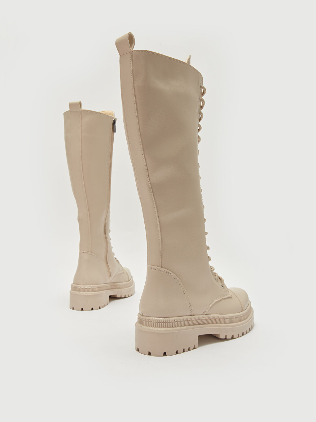 Bej Deri Görünümlü Bağcık ve Fermuarlı Kadın Diz Altı Çizme-4