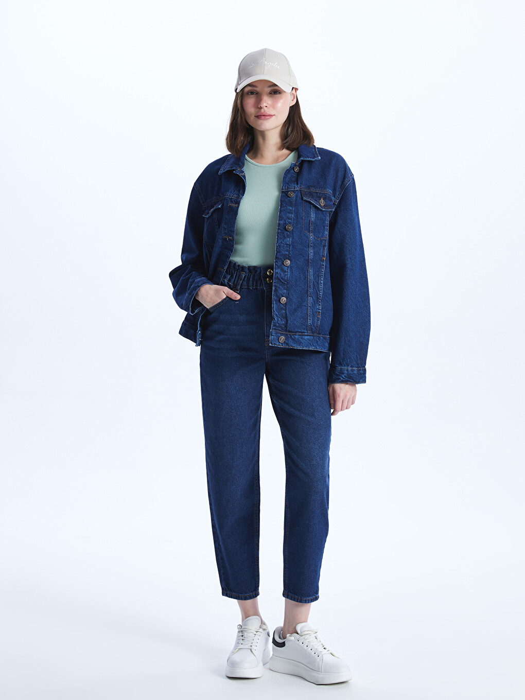 İndigo Beli Lastikli Slouchy Fit Kadın Jean Pantolon