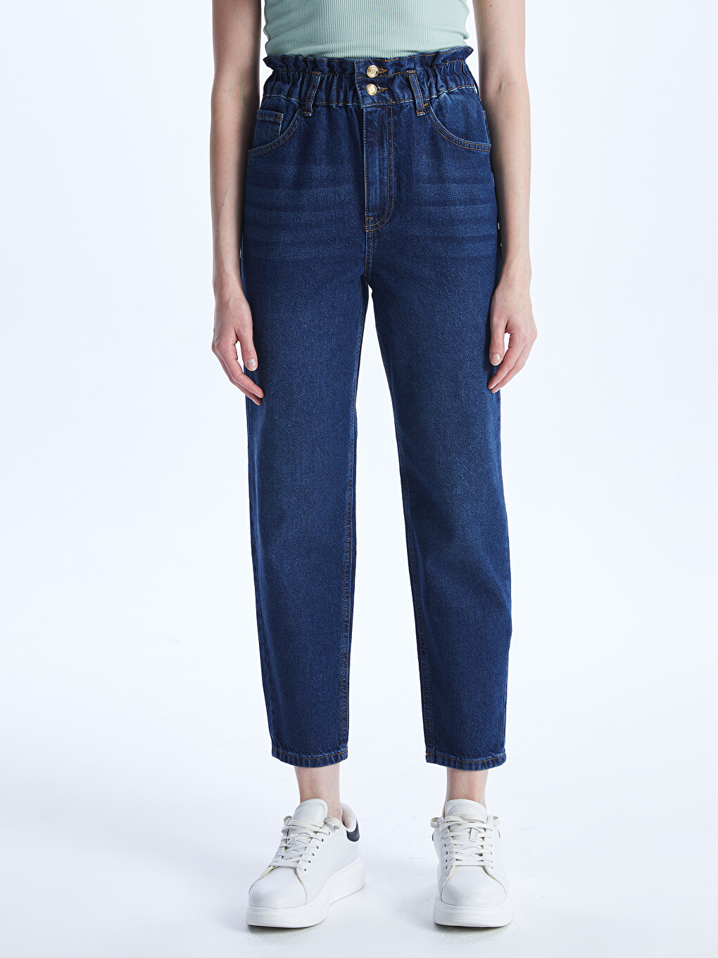 İndigo Beli Lastikli Slouchy Fit Kadın Jean Pantolon-2