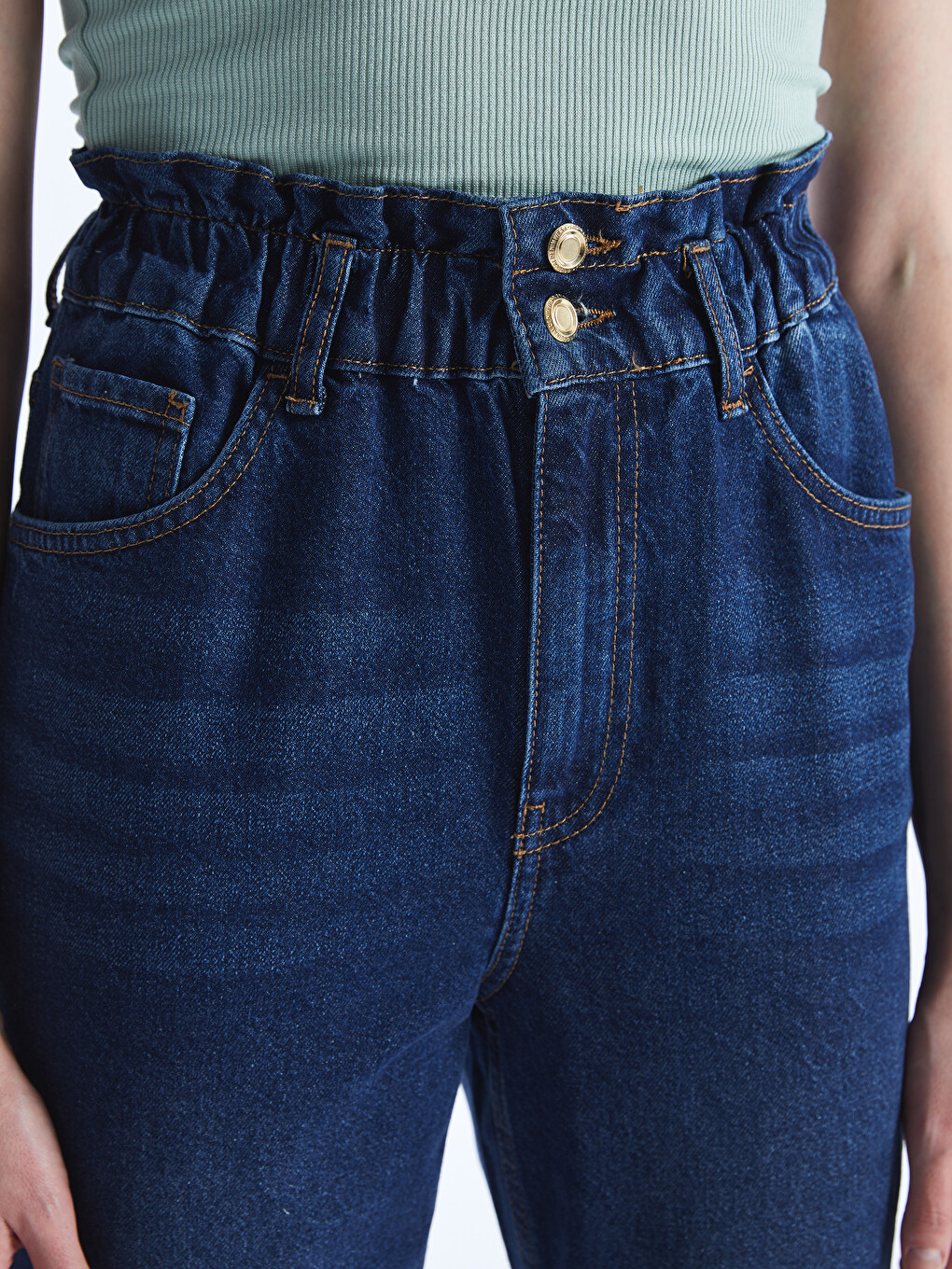 İndigo Beli Lastikli Slouchy Fit Kadın Jean Pantolon-4