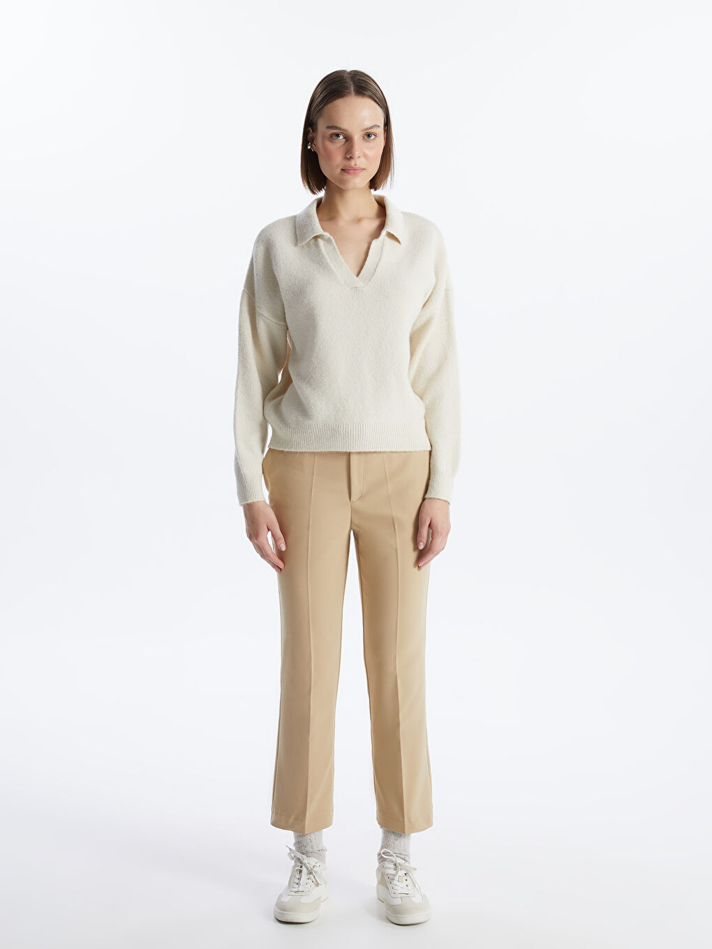 Bej Beli Kemerli Havuç Kesim Kadın Pantolon-1