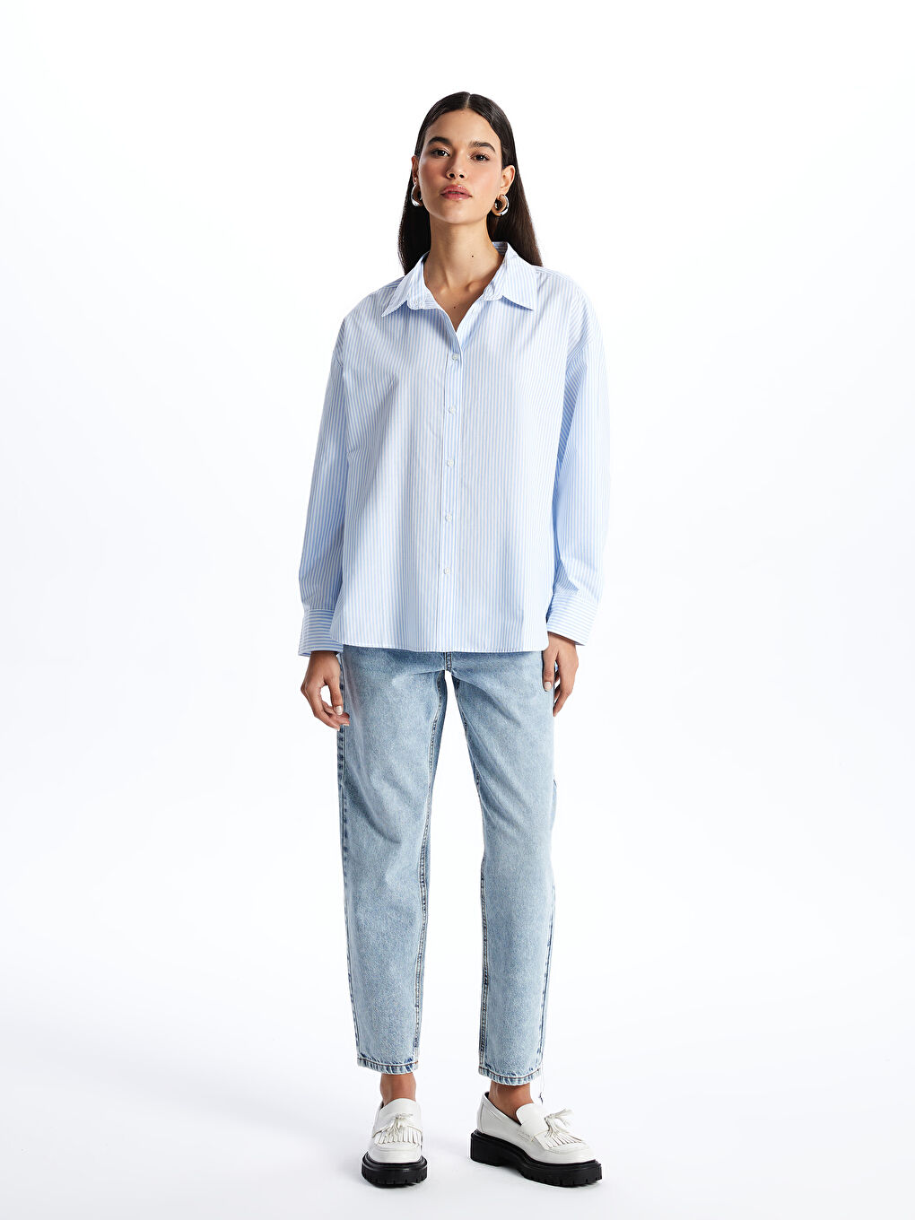 LCW Vision Striped Oversize Poplin Women's Shirt -W3JO74Z8-LEN