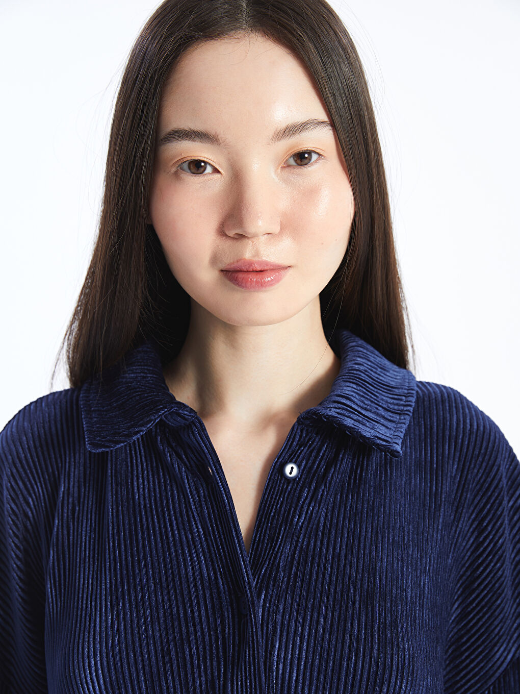 Lacivert Düz Uzun Kollu Oversize Kadife Kadın Gömlek-2