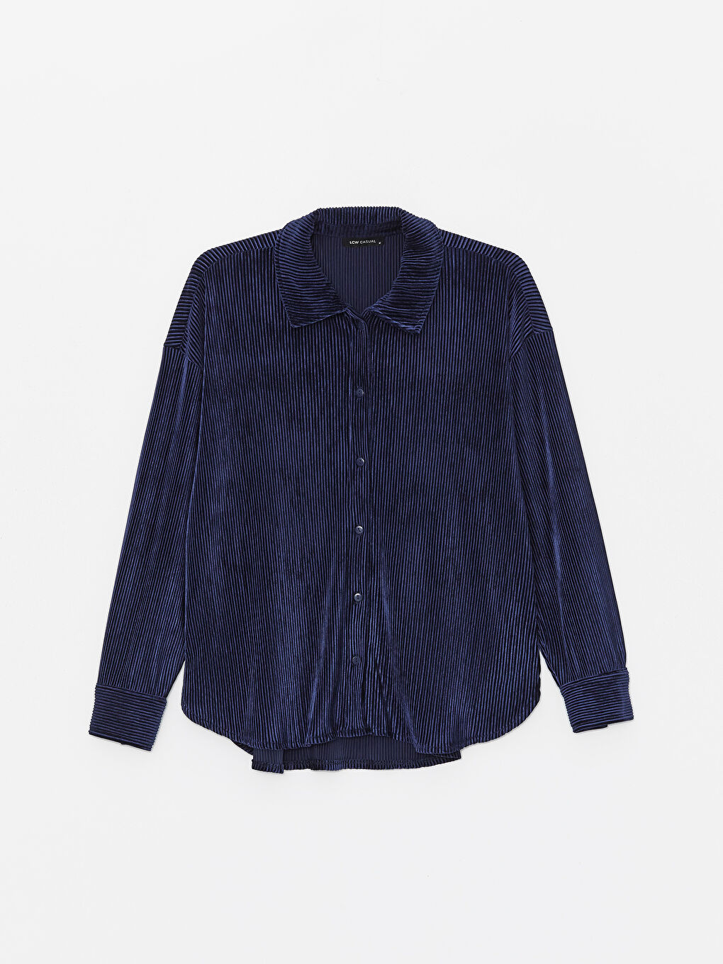 Lacivert Düz Uzun Kollu Oversize Kadife Kadın Gömlek-5