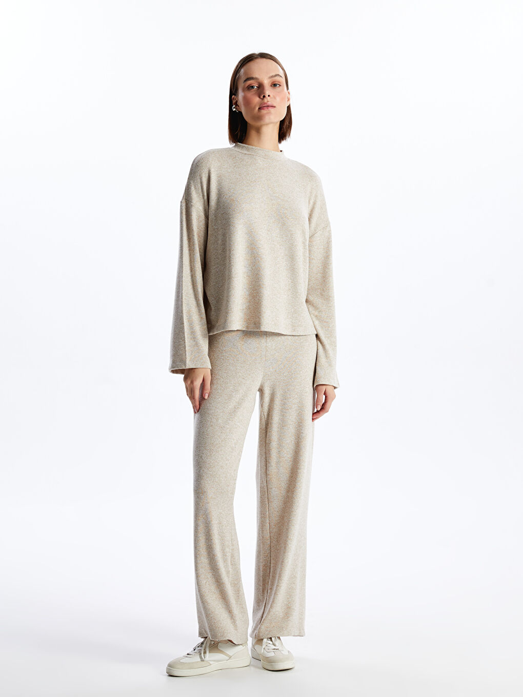 Bej Kadın Beli Lastikli Düz Eşofman Altı