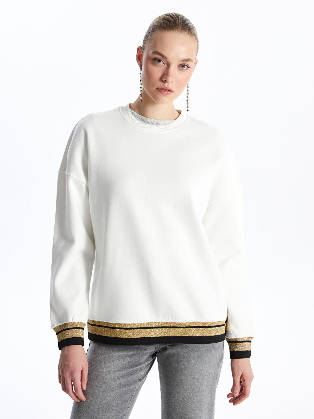 LCW Vision Ekru Bisiklet Yaka Oversize Kadın Sweatshirt