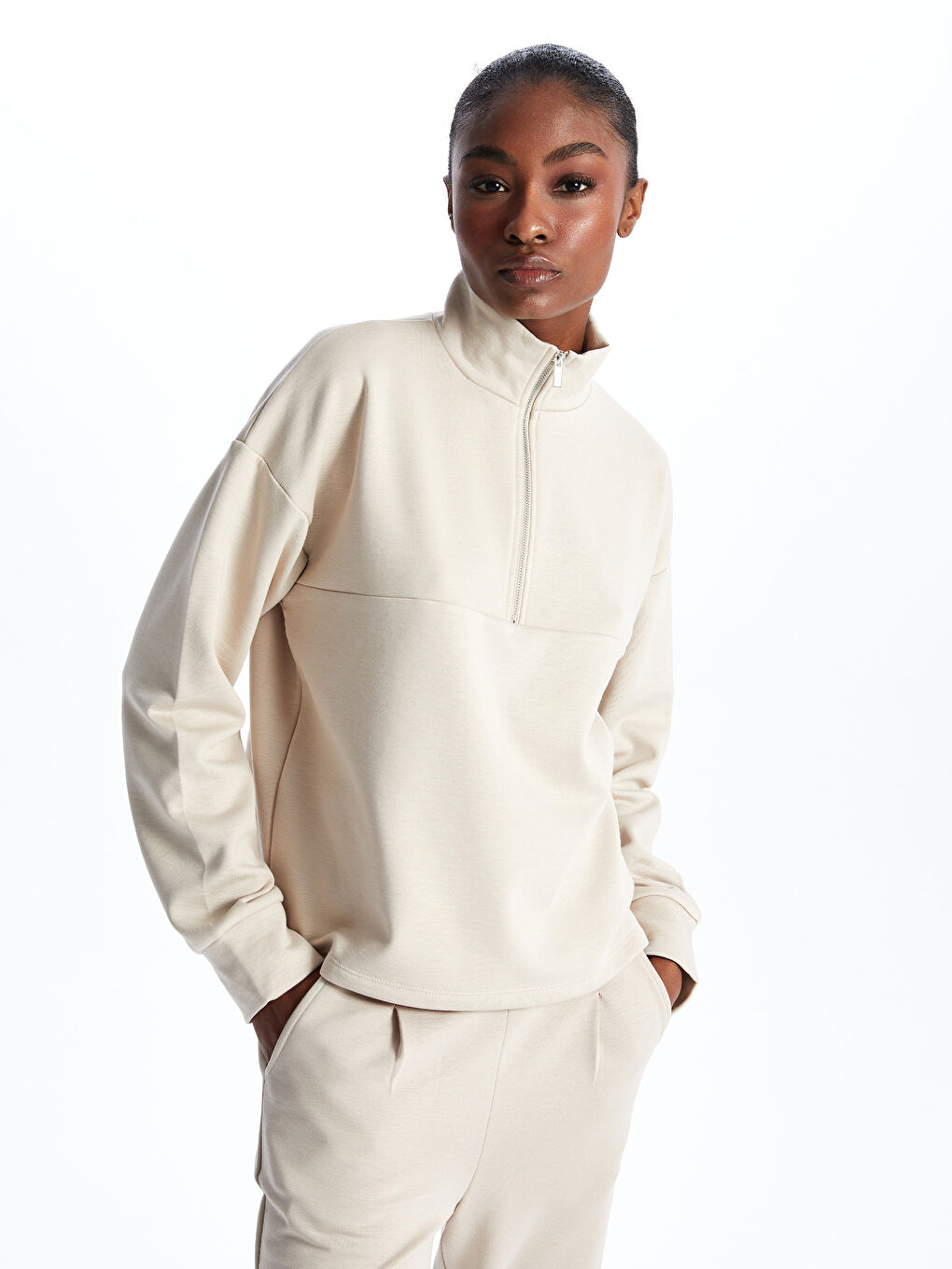 Gri Dik Yaka Düz Uzun Kollu Kadın Sweatshirt