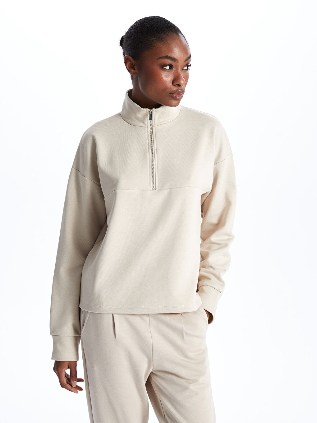 Gri Dik Yaka Düz Uzun Kollu Kadın Sweatshirt-1