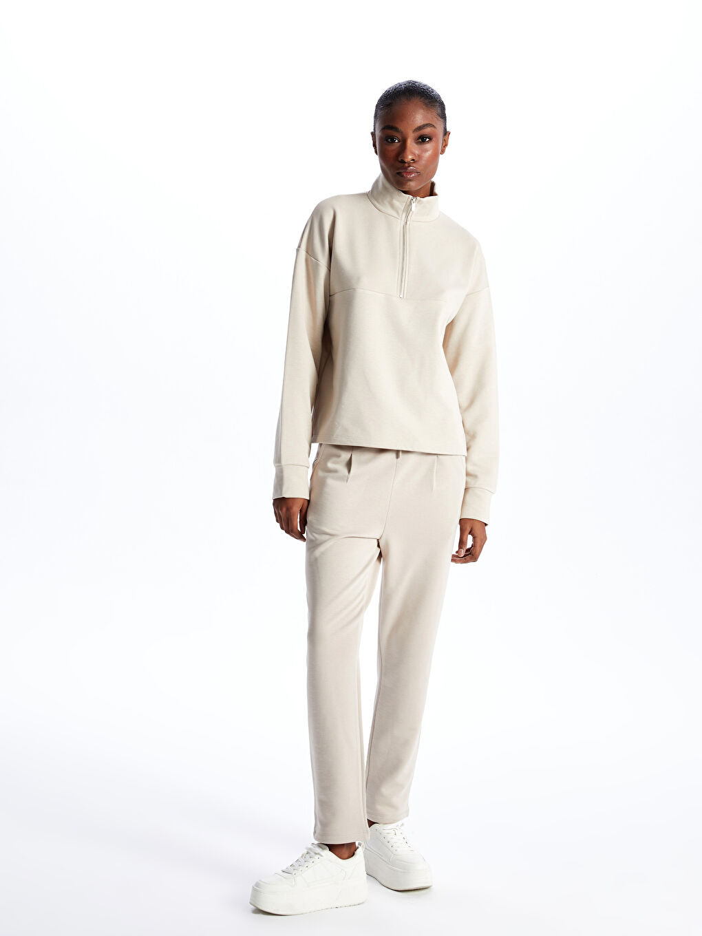 Gri Dik Yaka Düz Uzun Kollu Kadın Sweatshirt-2