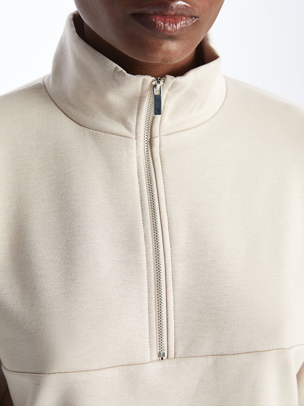 Gri Dik Yaka Düz Uzun Kollu Kadın Sweatshirt-3