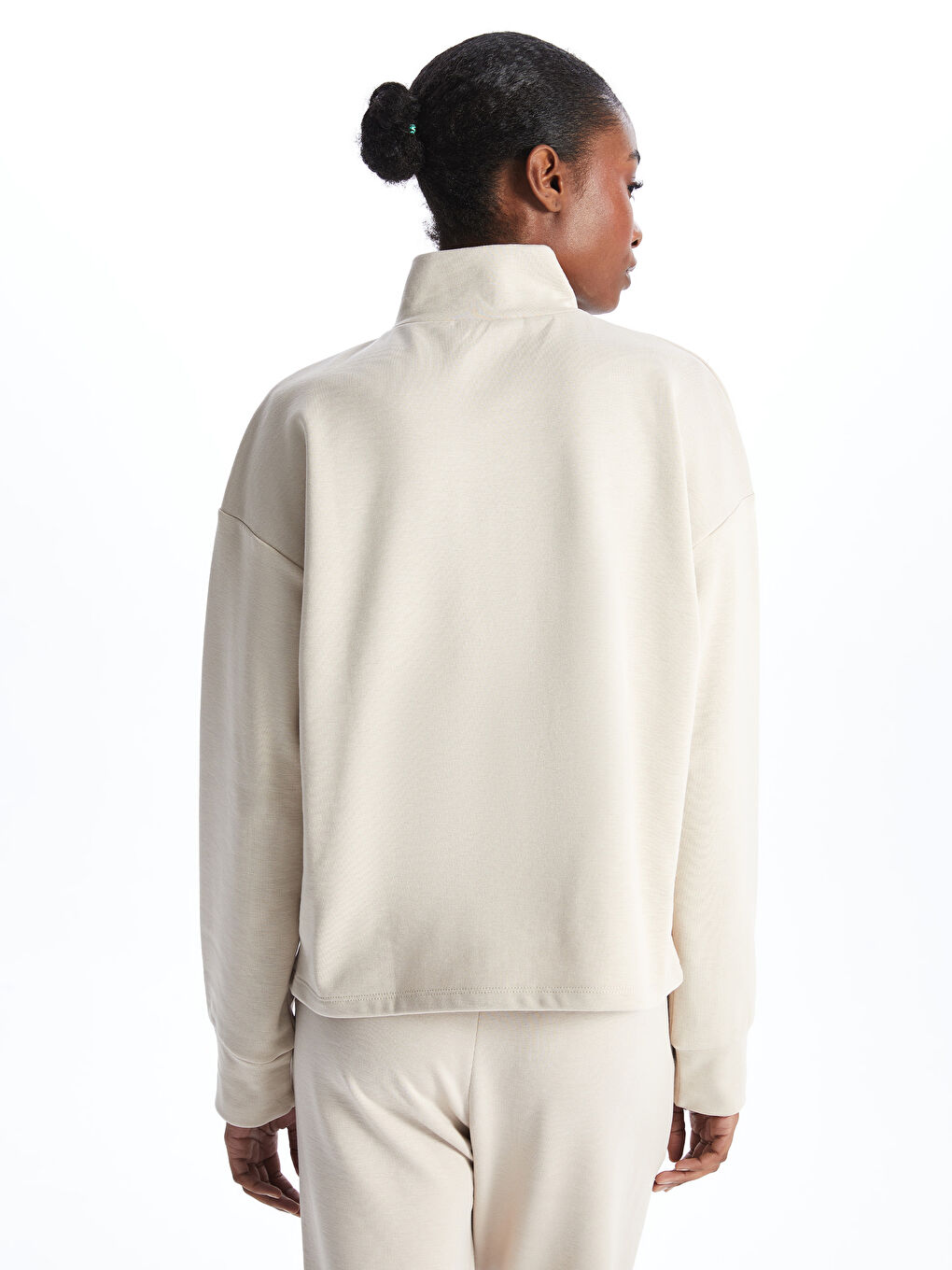 Gri Dik Yaka Düz Uzun Kollu Kadın Sweatshirt-4