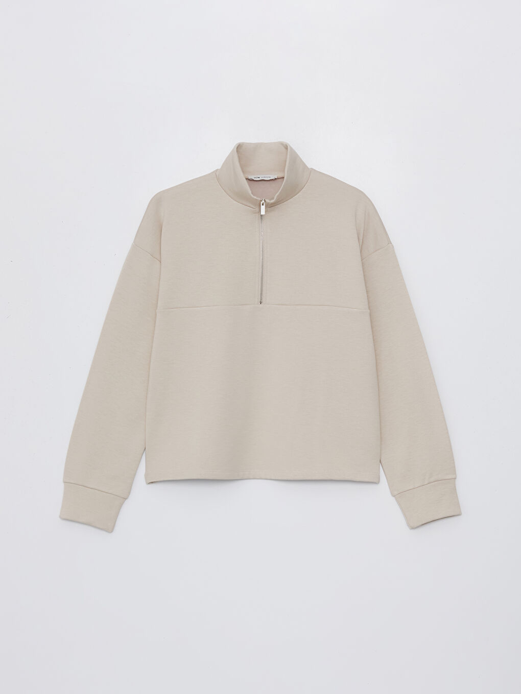 Gri Dik Yaka Düz Uzun Kollu Kadın Sweatshirt-5