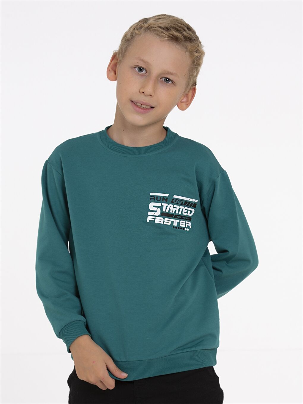 Yeşil Bisiklet Yaka Baskılı Uzun Kollu Erkek Çocuk Sweatshirt