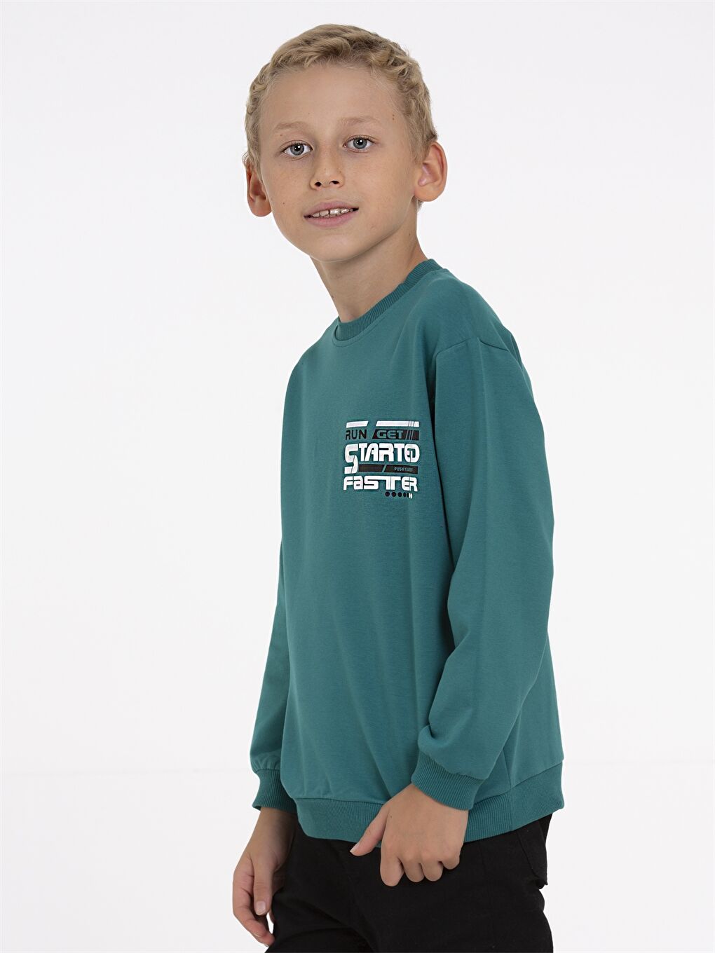 Yeşil Bisiklet Yaka Baskılı Uzun Kollu Erkek Çocuk Sweatshirt-1