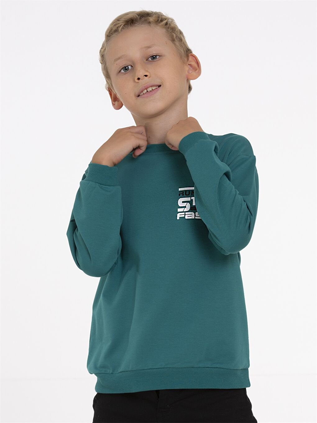 Yeşil Bisiklet Yaka Baskılı Uzun Kollu Erkek Çocuk Sweatshirt-2