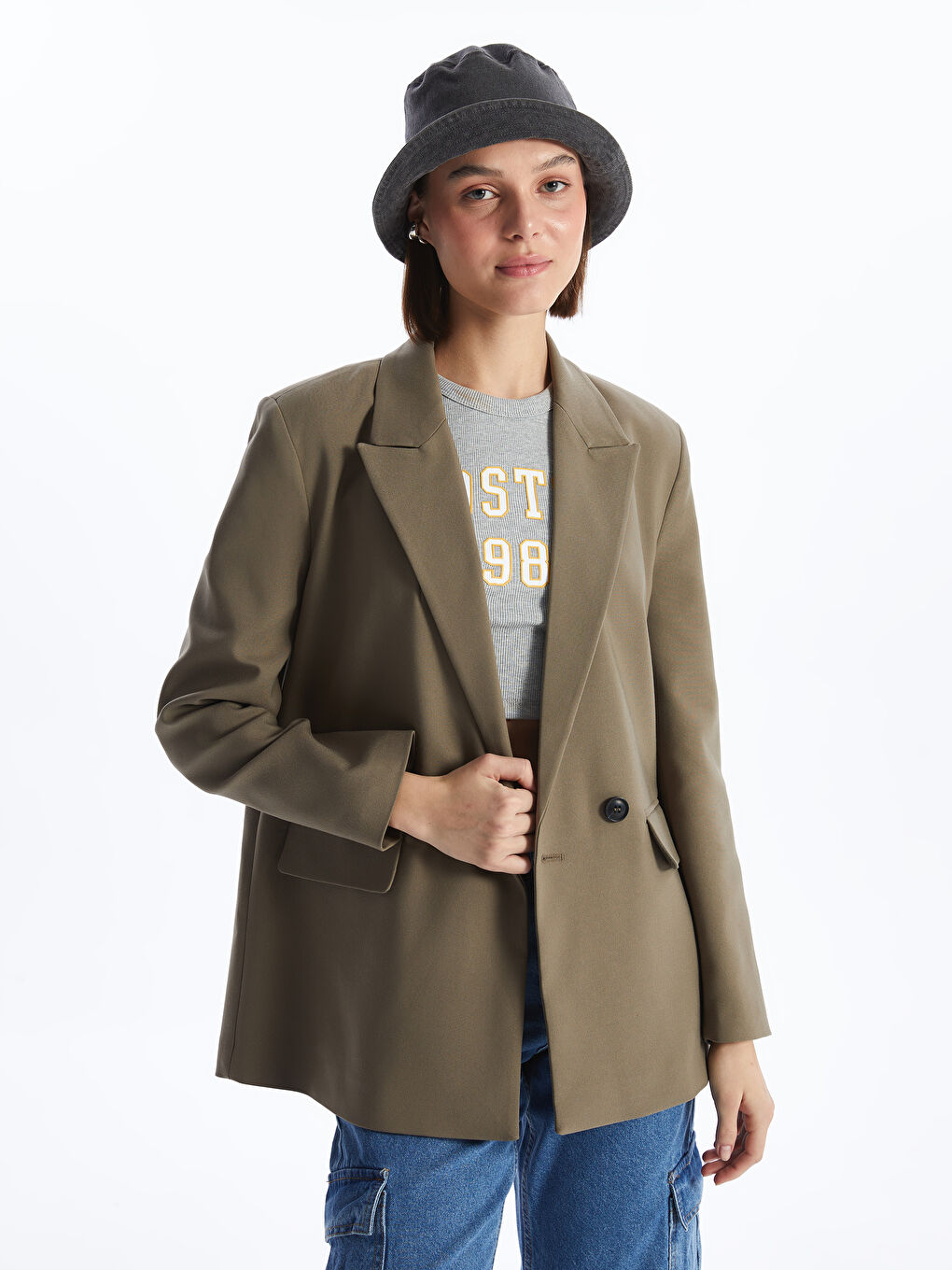 Haki Düz Uzun Kollu Kadın Ceket