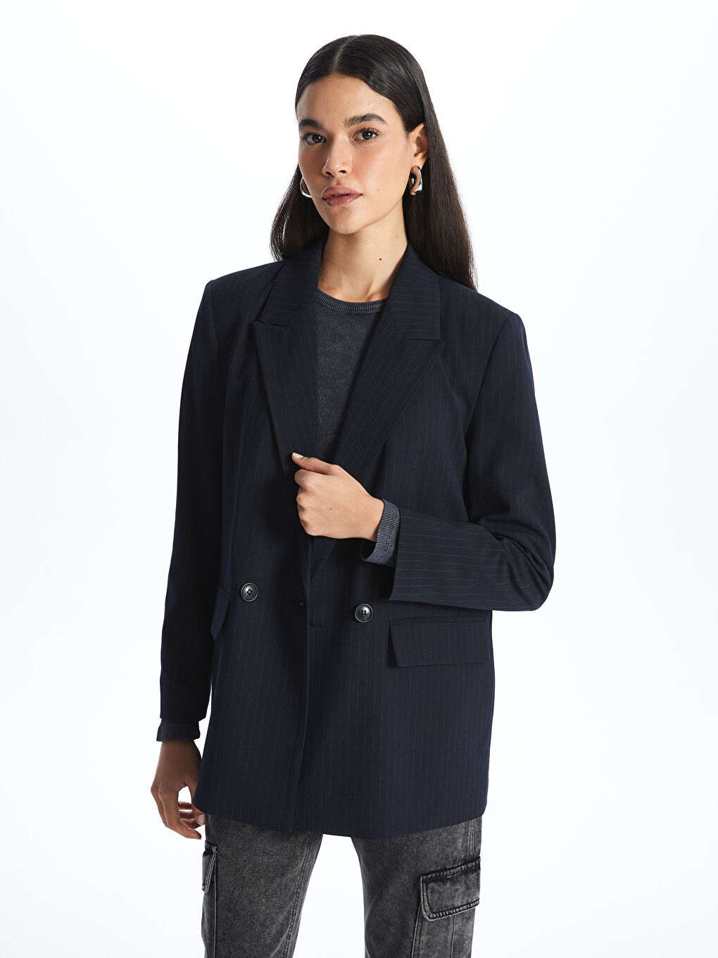 Lacivert Çizgili Uzun Kollu Kadın Blazer Ceket-1