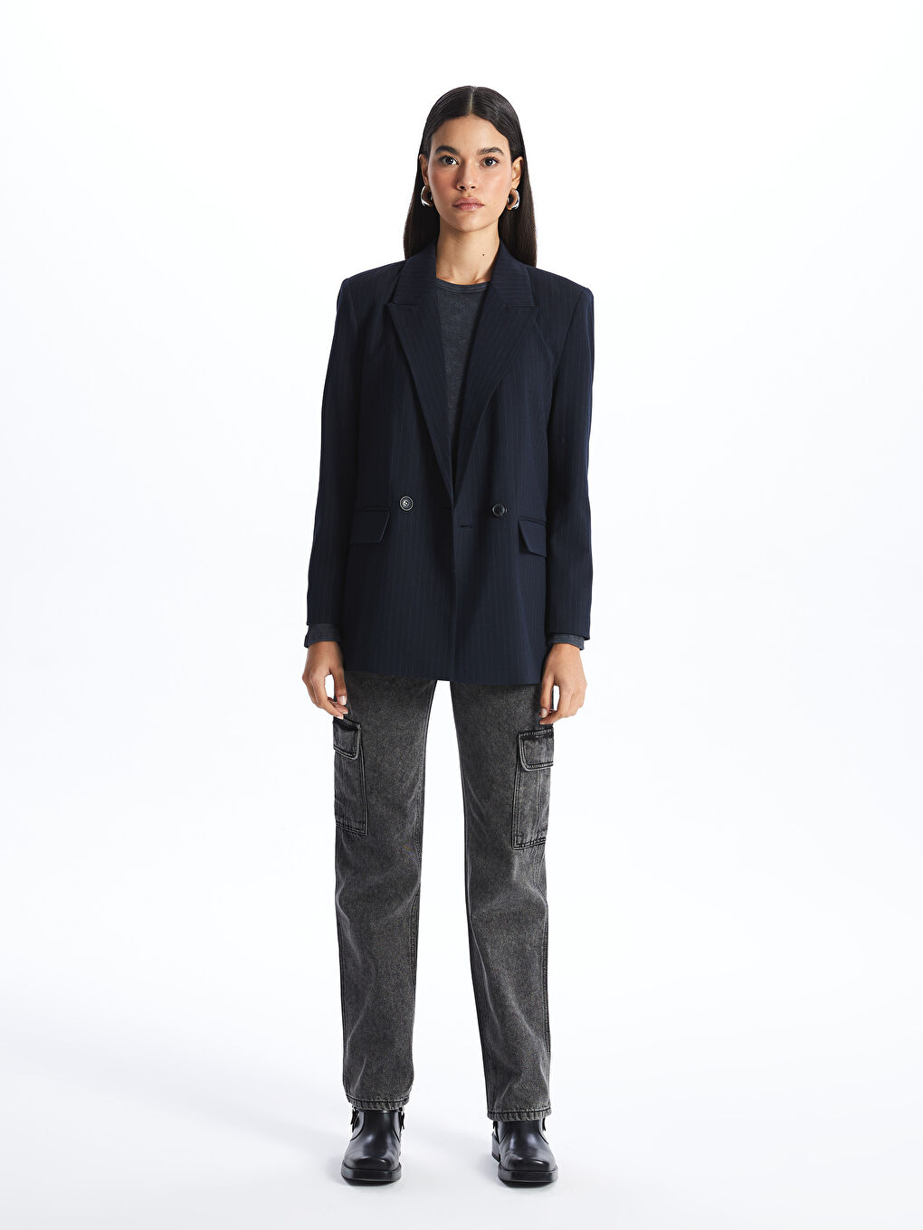 Lacivert Çizgili Uzun Kollu Kadın Blazer Ceket-2