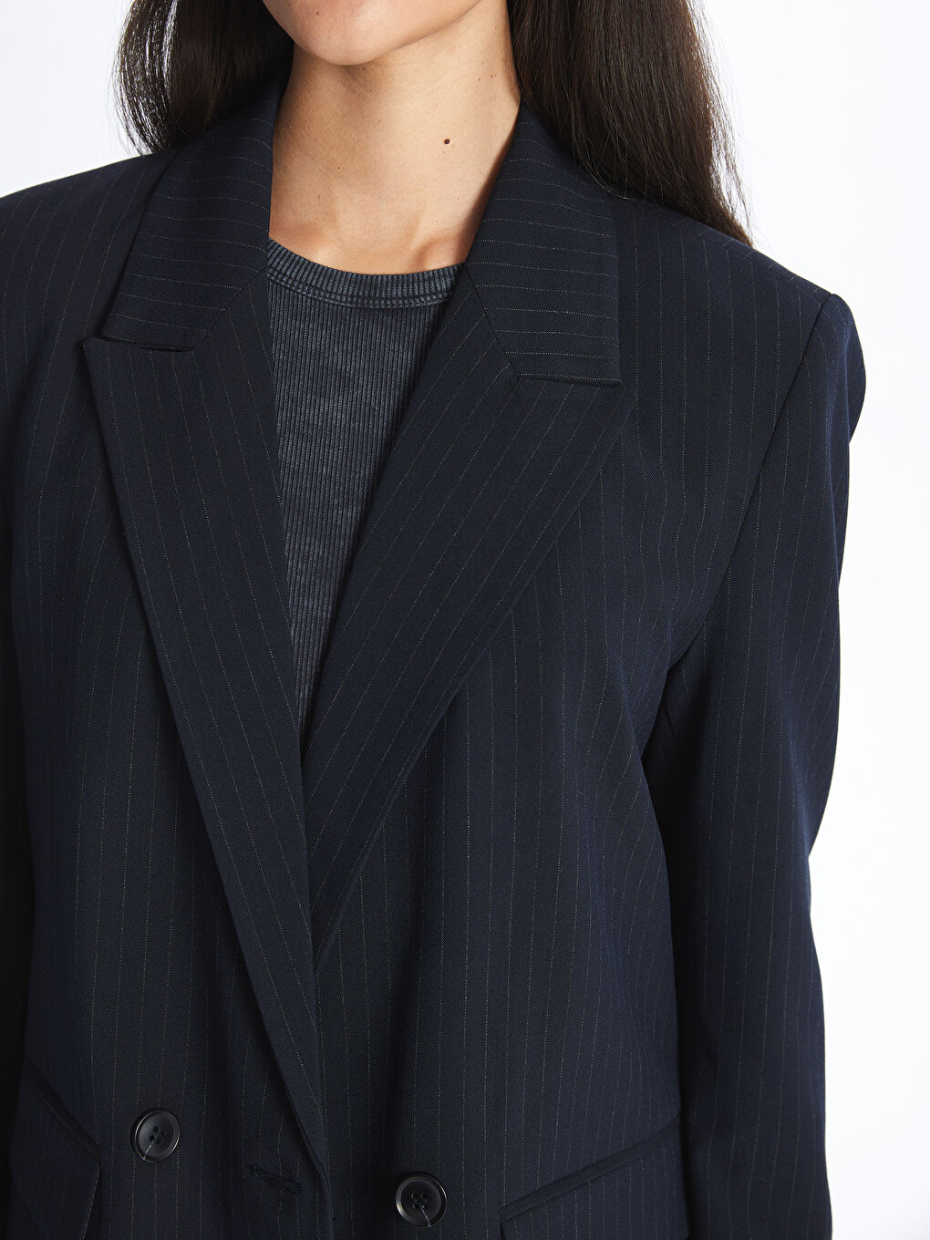 Lacivert Çizgili Uzun Kollu Kadın Blazer Ceket-3