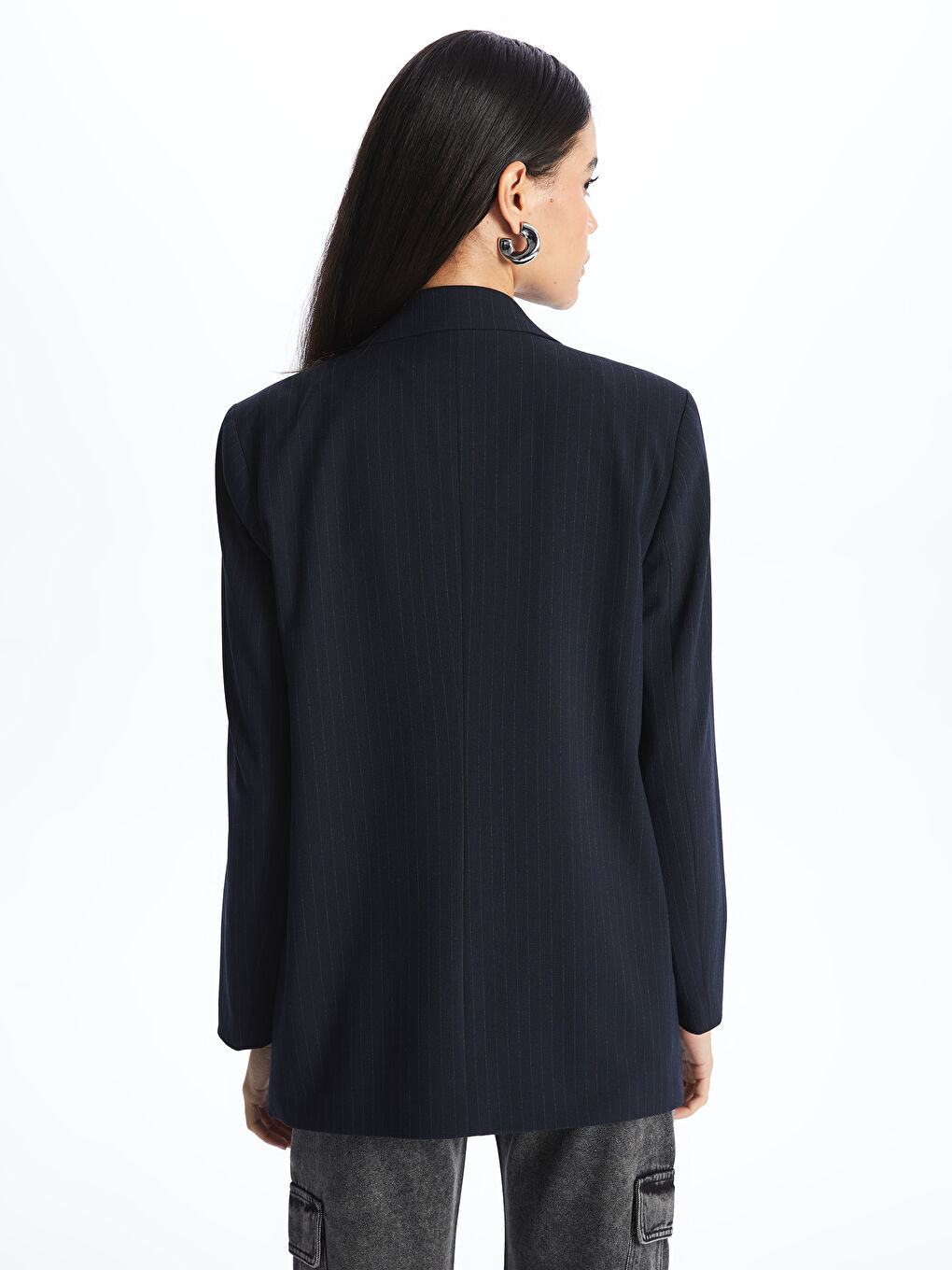 Lacivert Çizgili Uzun Kollu Kadın Blazer Ceket-4