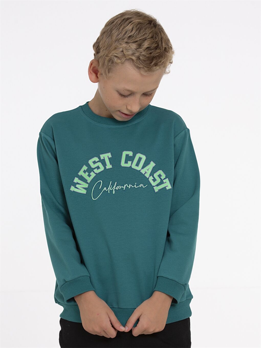 Yeşil Bisiklet Yaka Baskılı Uzun Kollu Erkek Çocuk Sweatshirt