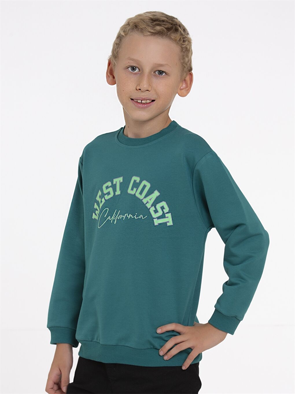 Yeşil Bisiklet Yaka Baskılı Uzun Kollu Erkek Çocuk Sweatshirt-1