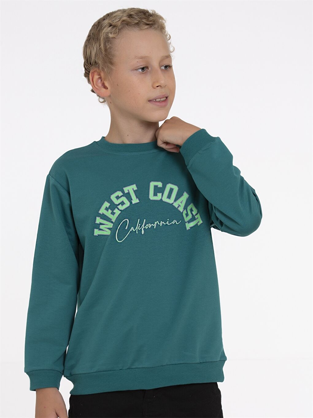 Yeşil Bisiklet Yaka Baskılı Uzun Kollu Erkek Çocuk Sweatshirt-2