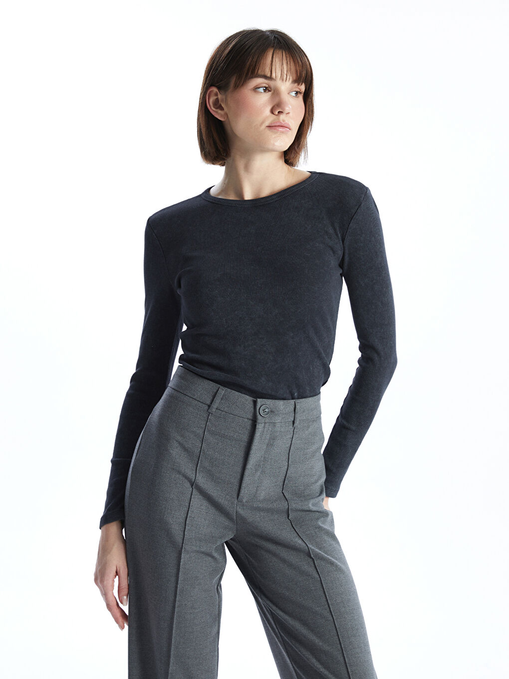 Antrasit Bisiklet Yaka Düz Uzun Kollu Kadın Tişört