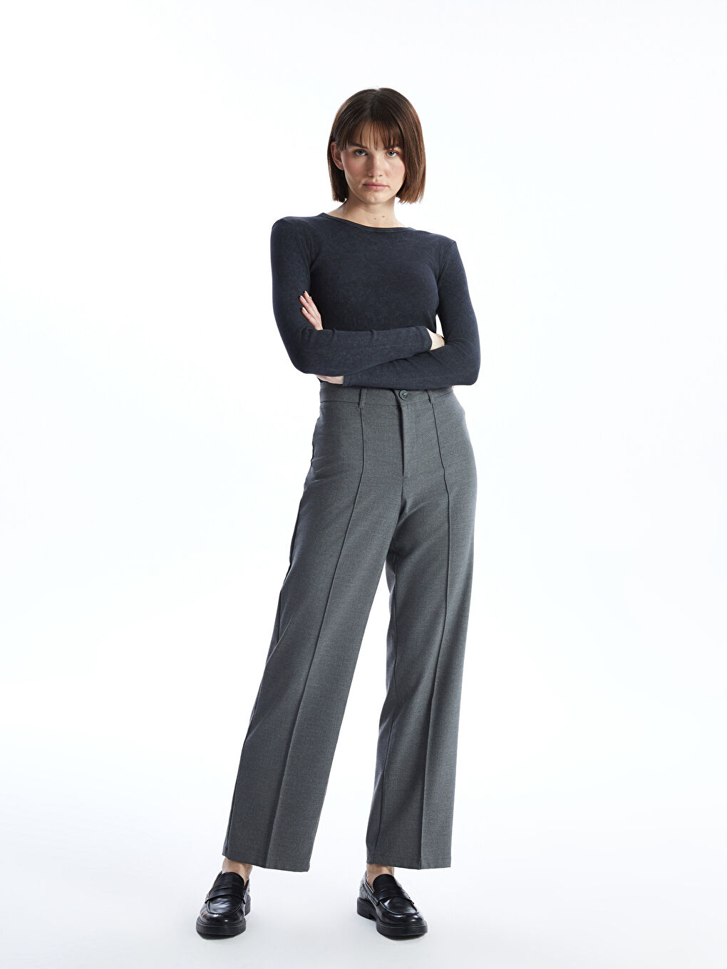 Antrasit Bisiklet Yaka Düz Uzun Kollu Kadın Tişört-2