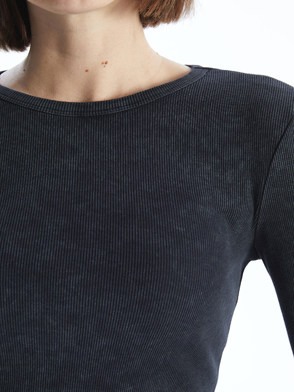 Antrasit Bisiklet Yaka Düz Uzun Kollu Kadın Tişört-4