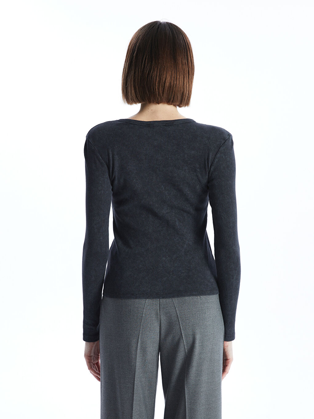 Antrasit Bisiklet Yaka Düz Uzun Kollu Kadın Tişört-6