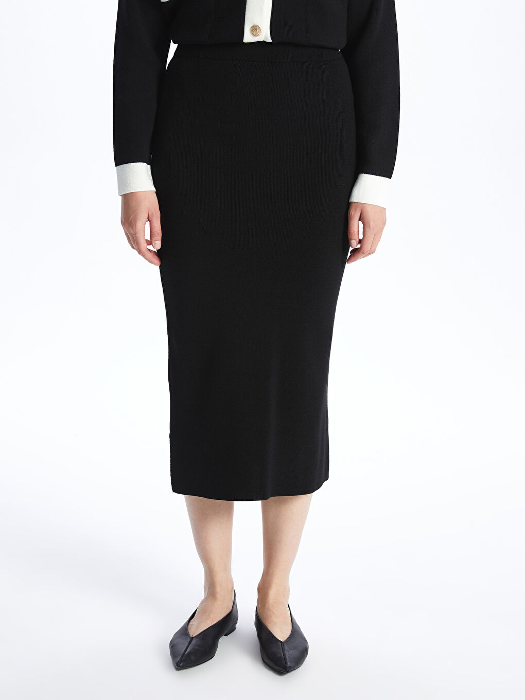 Siyah Kadın Ekstra Dar Fit Düz Triko Etek-3