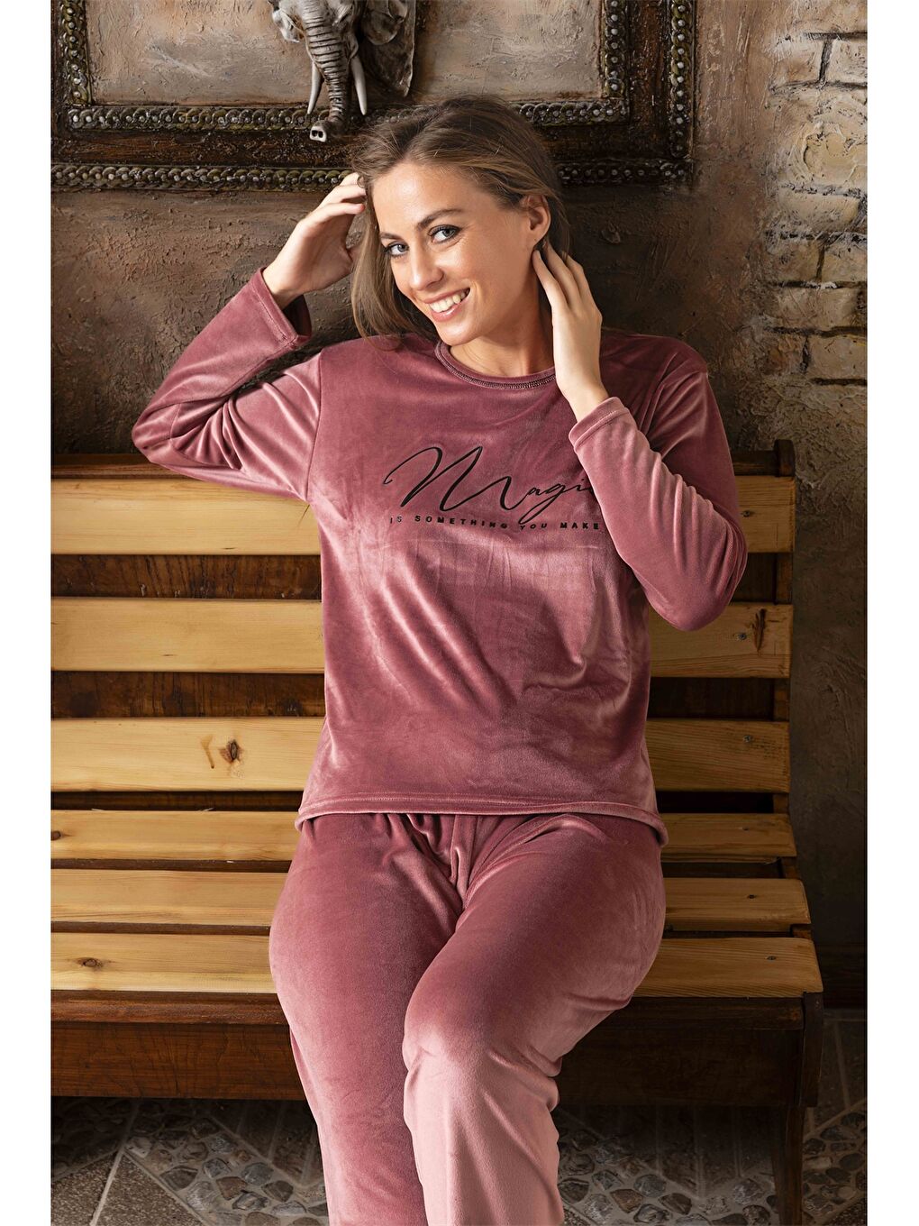 Pembe Bisiklet Yaka Kadın Pijama Takım