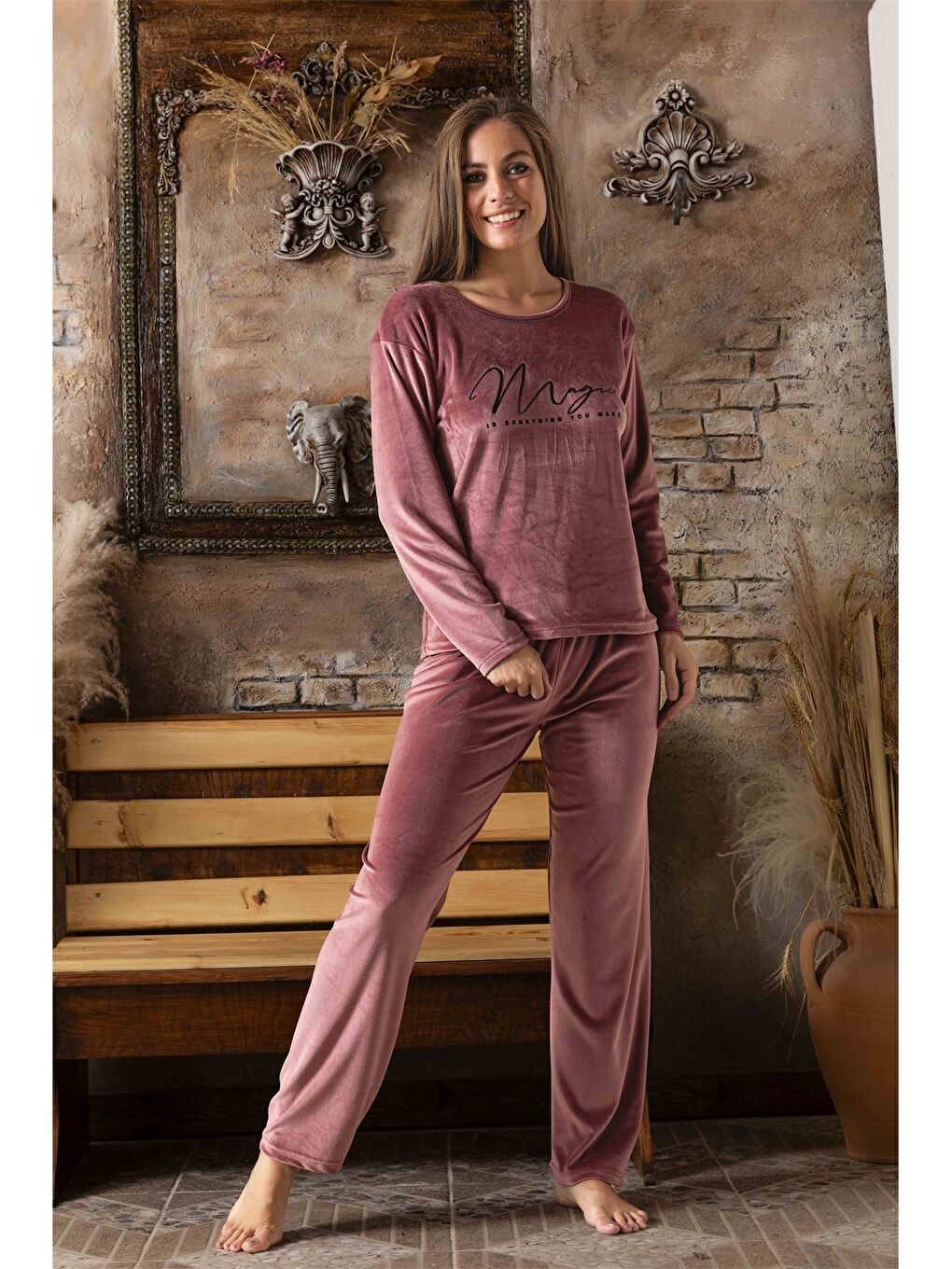 Pembe Bisiklet Yaka Kadın Pijama Takım-1