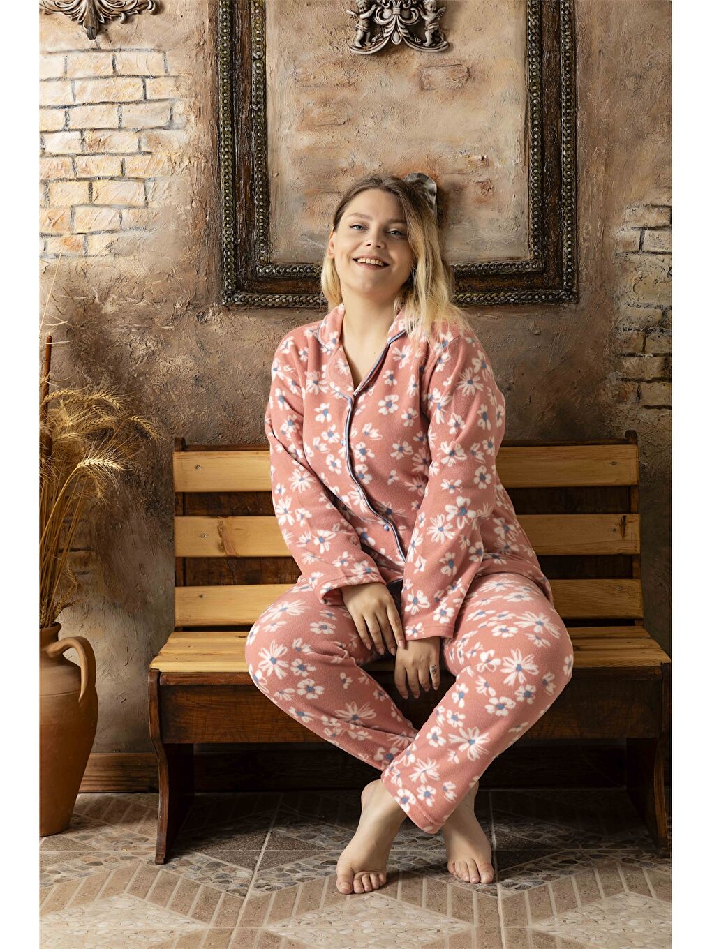 SUDE Turuncu Gömlek Yaka Kadın Pijama Takımı