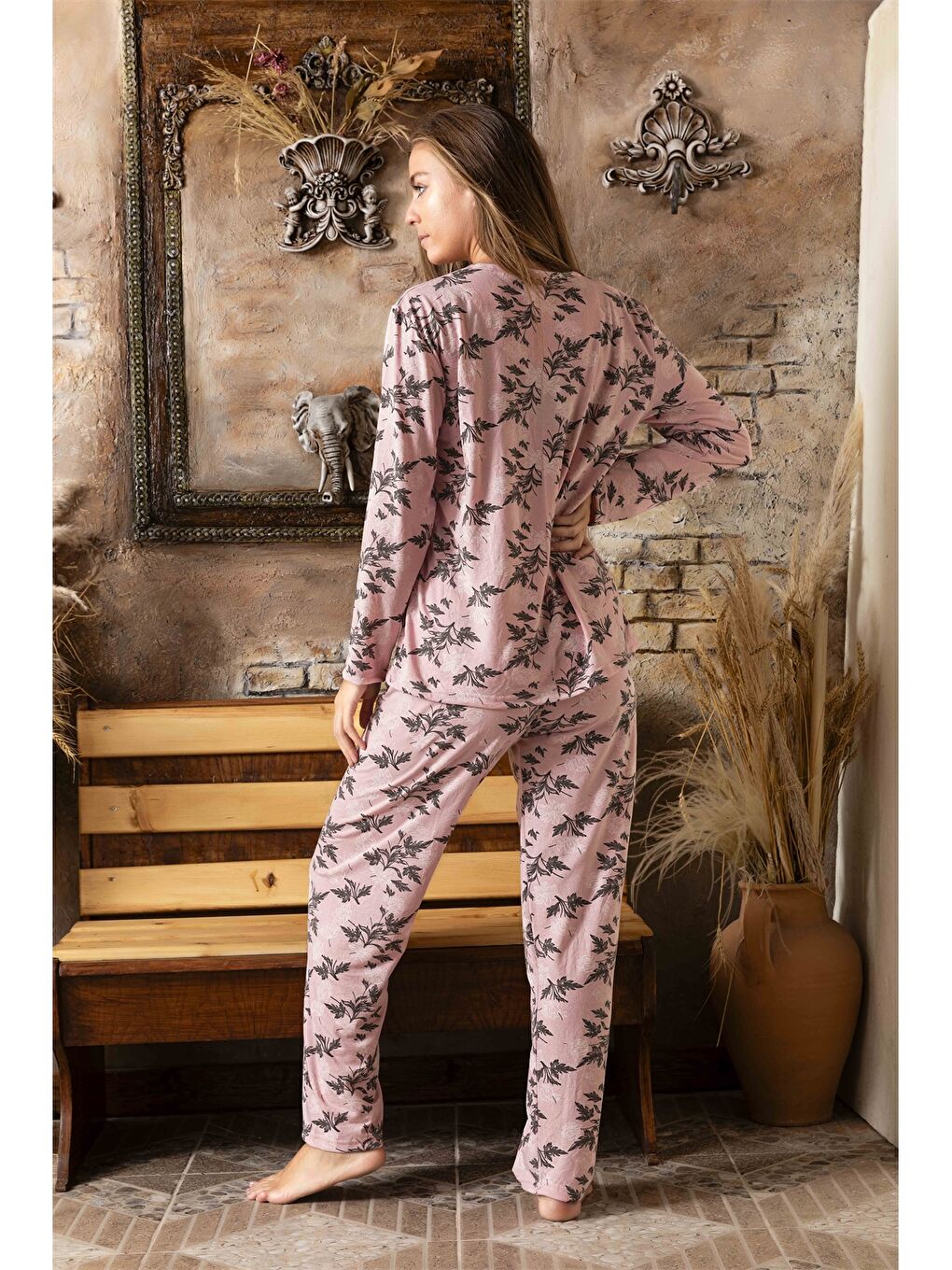 Pembe Bisiklet Yaka Kadın Pijama Takım-1