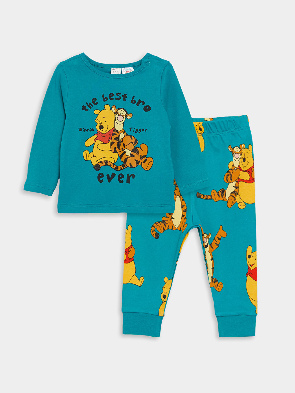 LCW baby Turkuaz Bisiklet Yaka Uzun Kollu Winnie the Pooh Baskılı Erkek Bebek Pijama Takımı