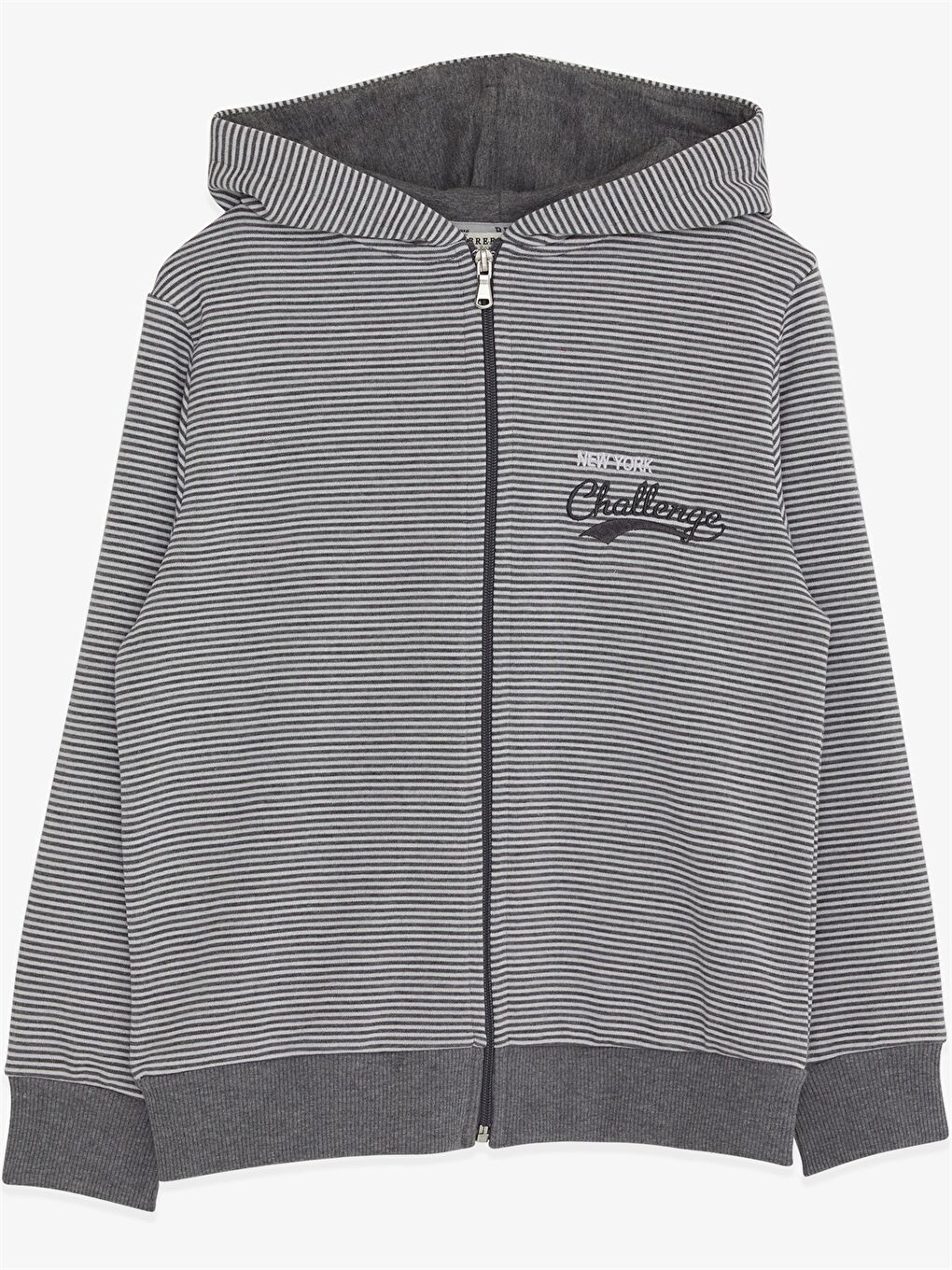 Gri Kapüşonlu Baskılı Uzun Kollu Erkek Çocuk Fermuarlı Sweatshirt