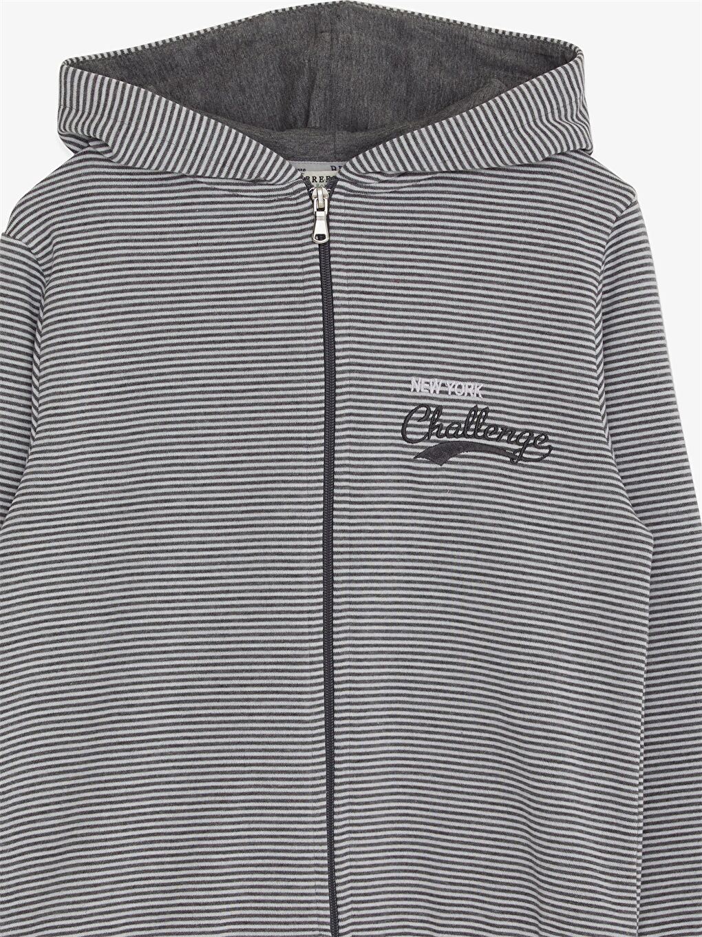 Gri Kapüşonlu Baskılı Uzun Kollu Erkek Çocuk Fermuarlı Sweatshirt-2