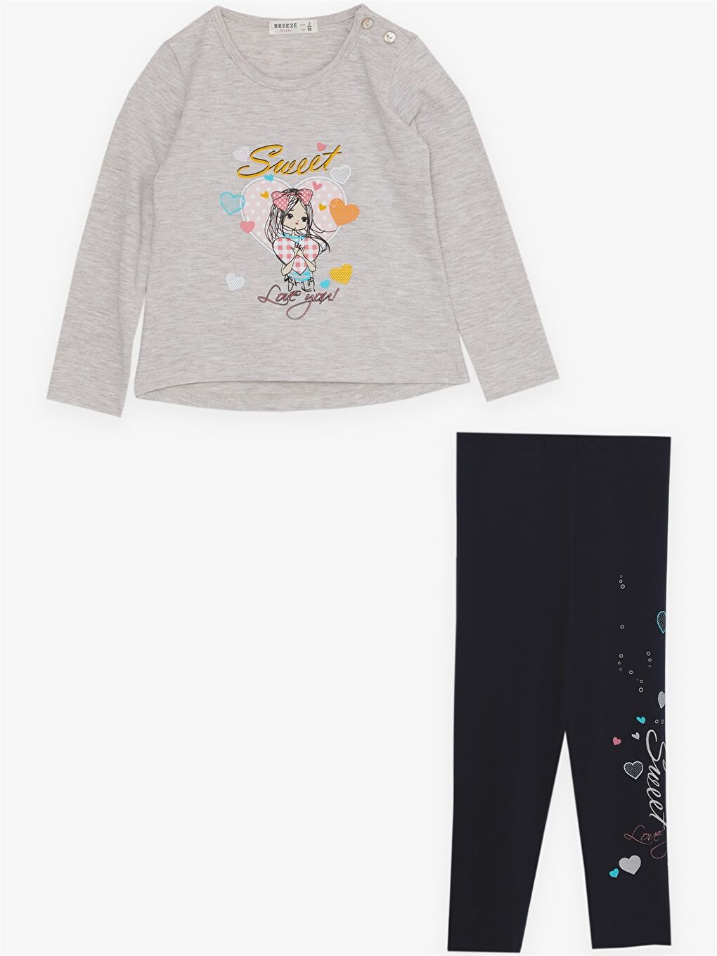 Bej Bisiklet Yaka Uzun Kollu Baskılı Kız Bebek 2'li Takım