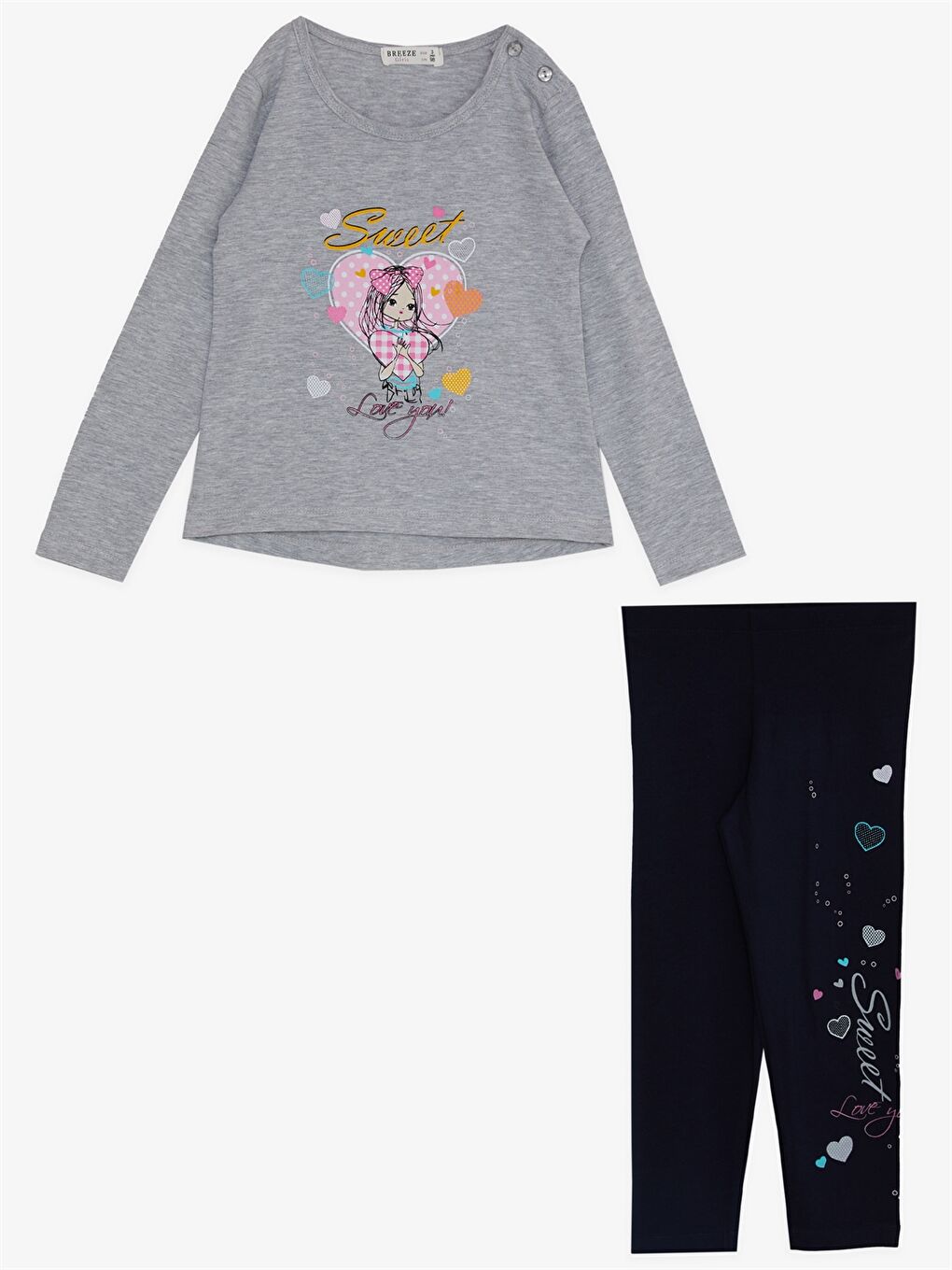 Gri Bisiklet Yaka Uzun Kollu Baskılı Kız Bebek 2'li Takım