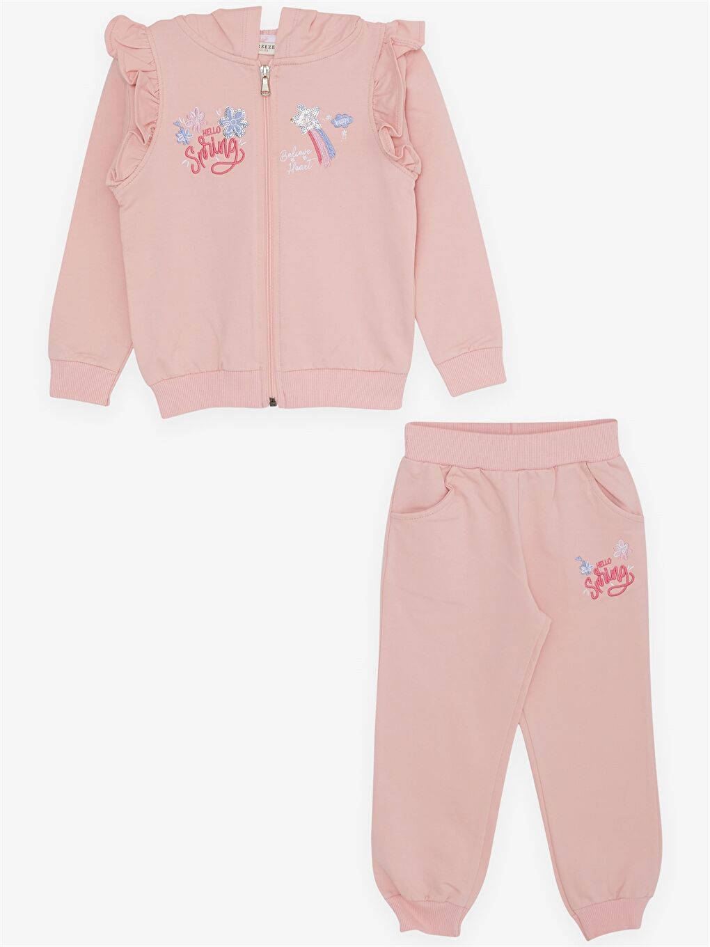 Turuncu Kapüşonlu Uzun Kollu Baskılı Kız Bebek 2'li Takım