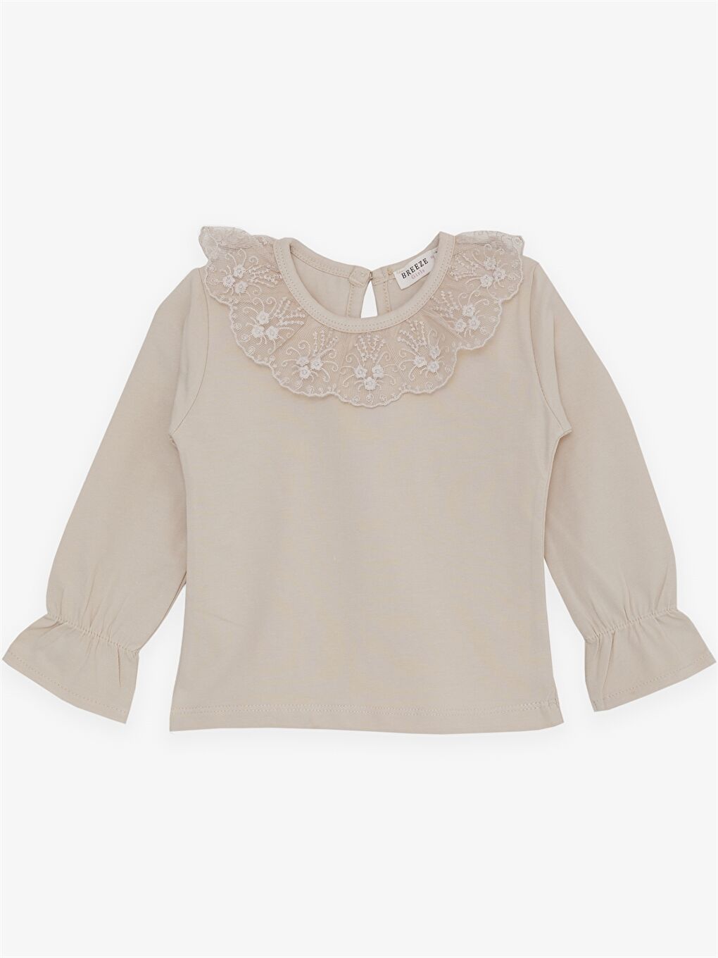 Bej Bisiklet Yaka Uzun Kollu Nakışlı Kız Bebek Bluz