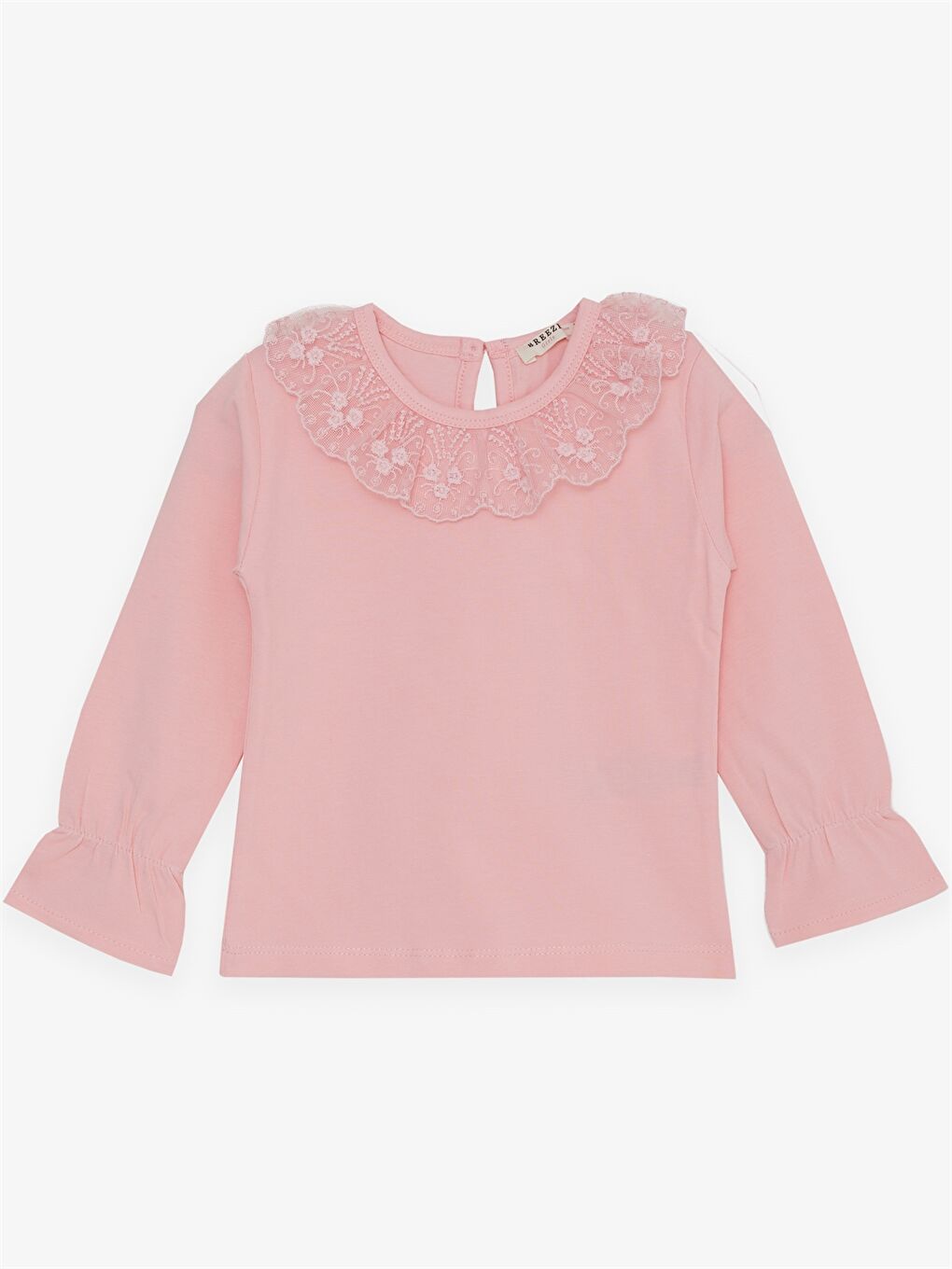 Pembe Bisiklet Yaka Uzun Kollu Nakışlı Kız Bebek Bluz