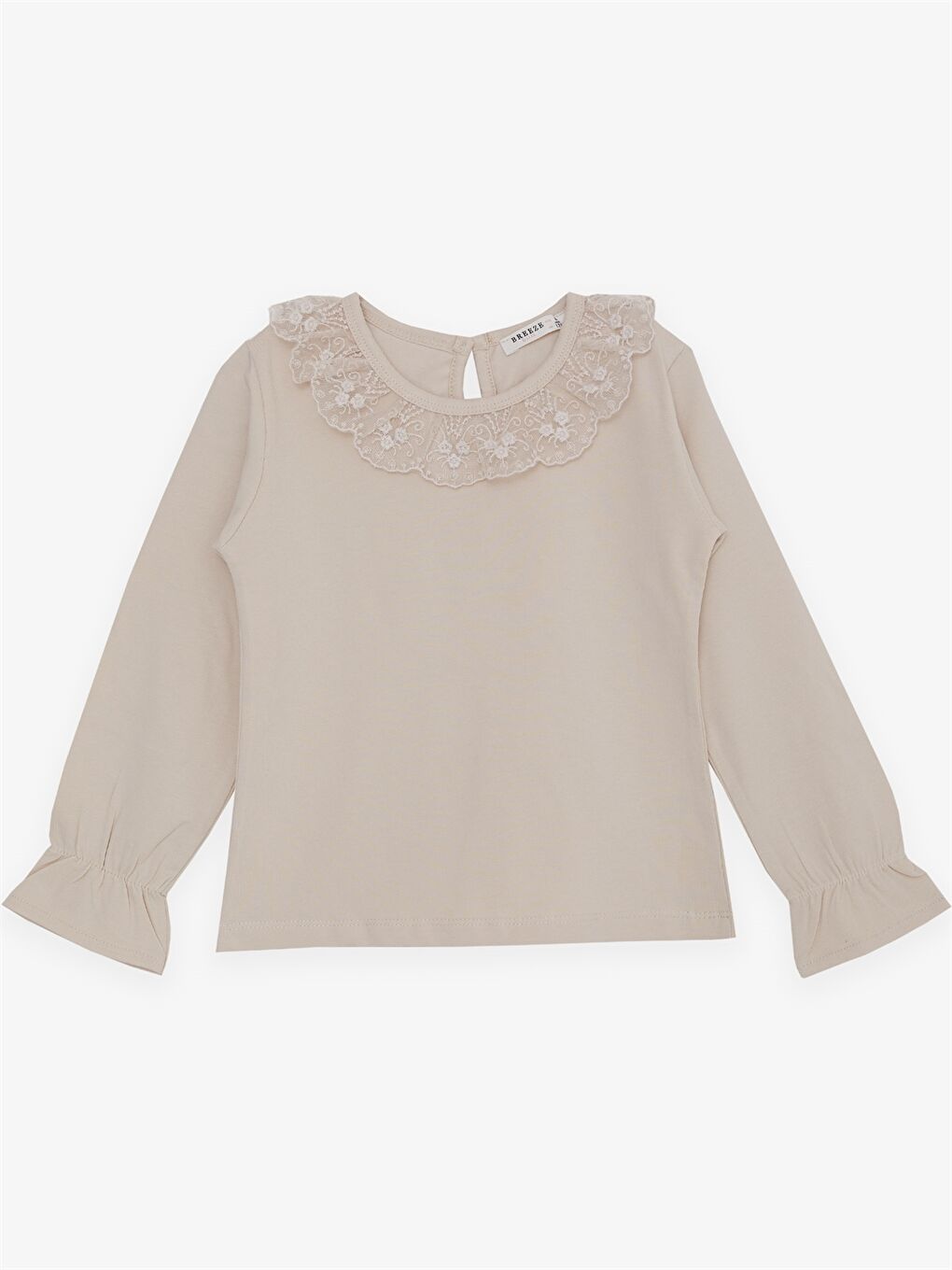 Bej Bisiklet Yaka Uzun Kollu Nakışlı Kız Çocuk Bluz