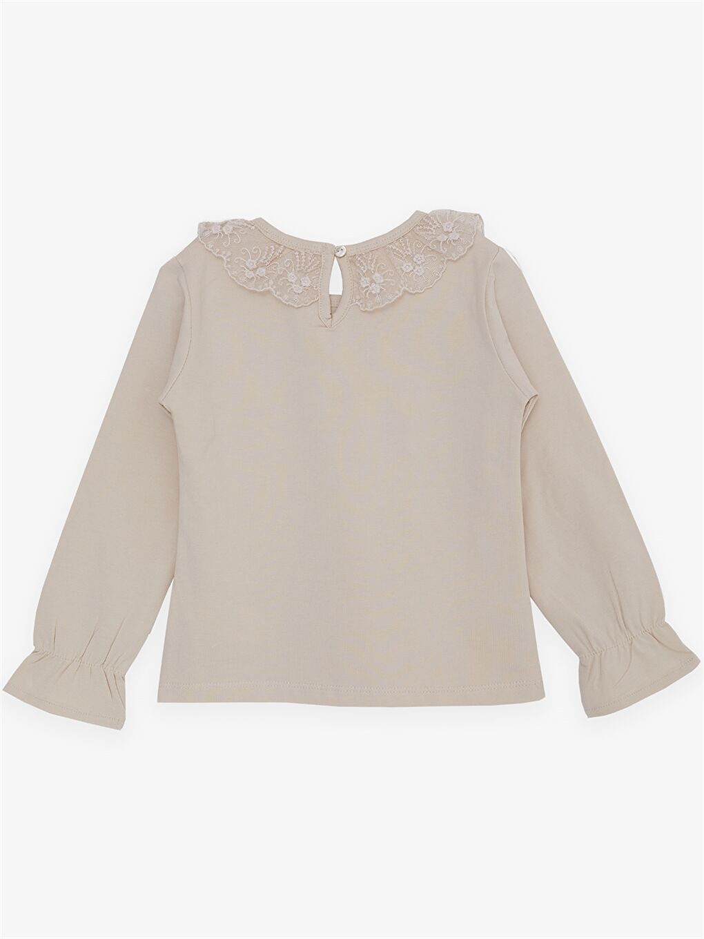 Bej Bisiklet Yaka Uzun Kollu Nakışlı Kız Çocuk Bluz-1
