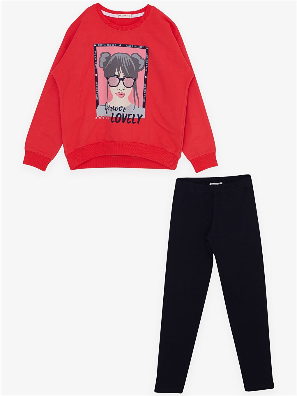 Kırmızı Bisiklet Yaka Uzun Kollu Kız Çocuk 2'li Takım