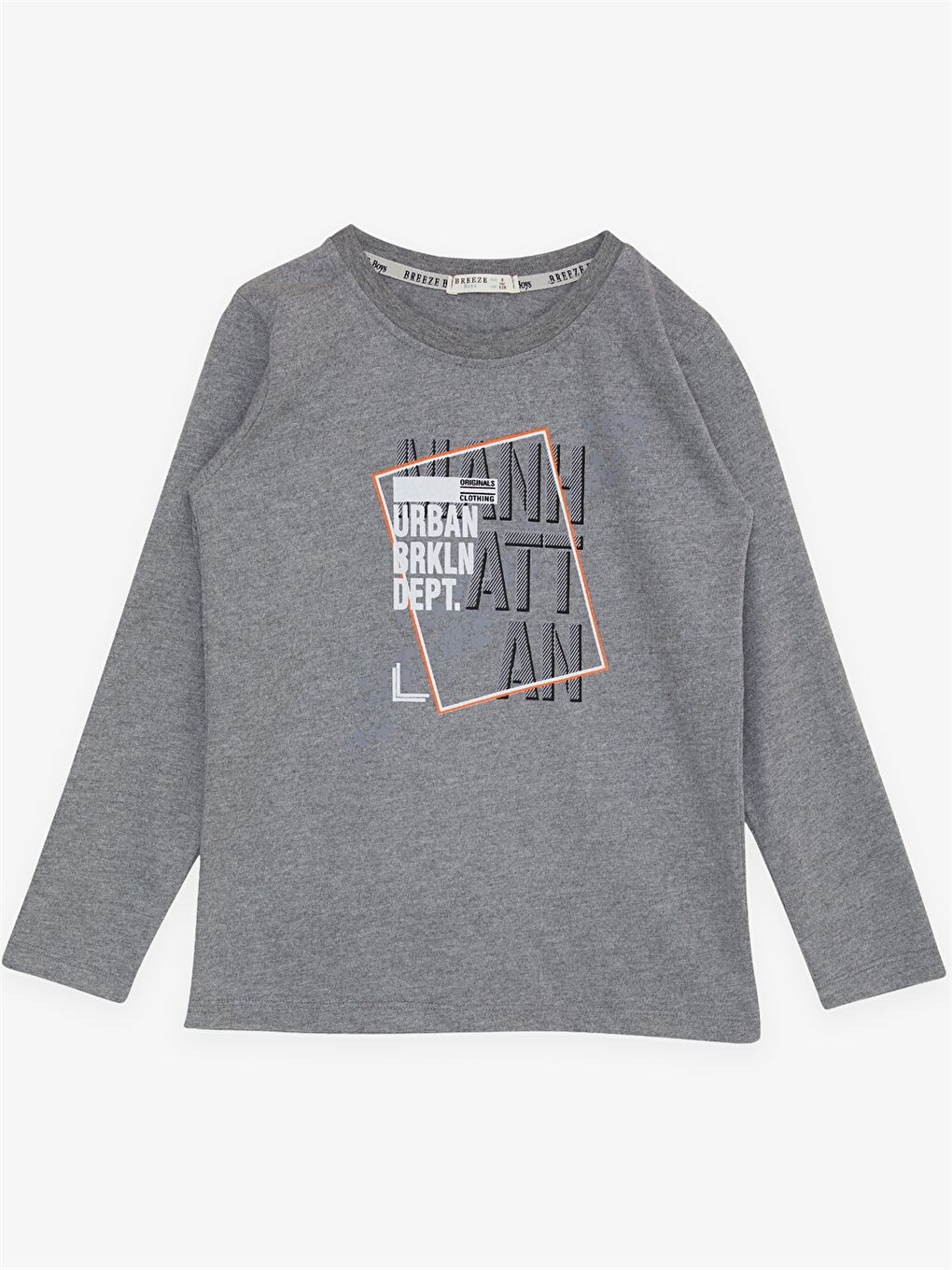 Gri Bisiklet Yaka Baskılı Uzun Kollu Erkek Çocuk Tişört