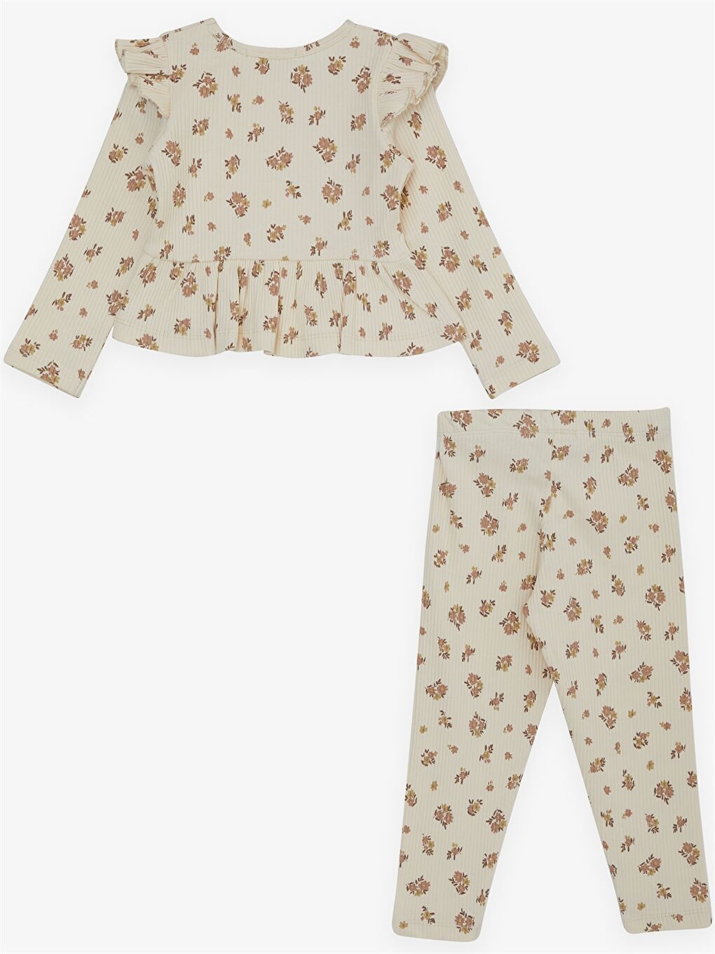 Ekru Bisiklet Yaka Uzun Kollu Kız Bebek 2'li Takım-1