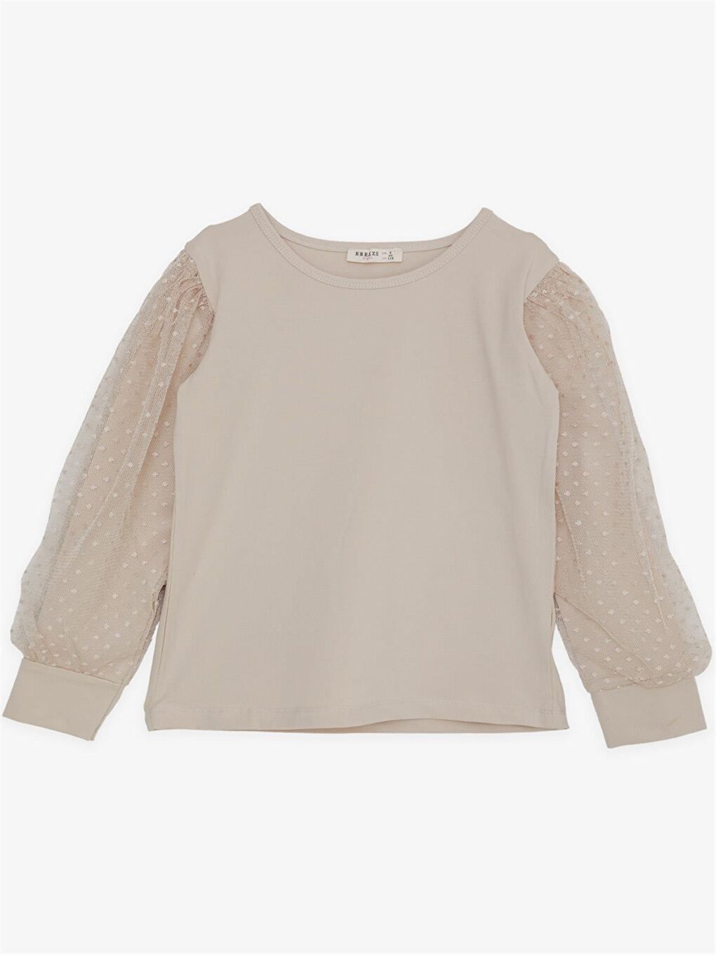 Bej Bisiklet Yaka Uzun Kollu Kız Çocuk Tişört